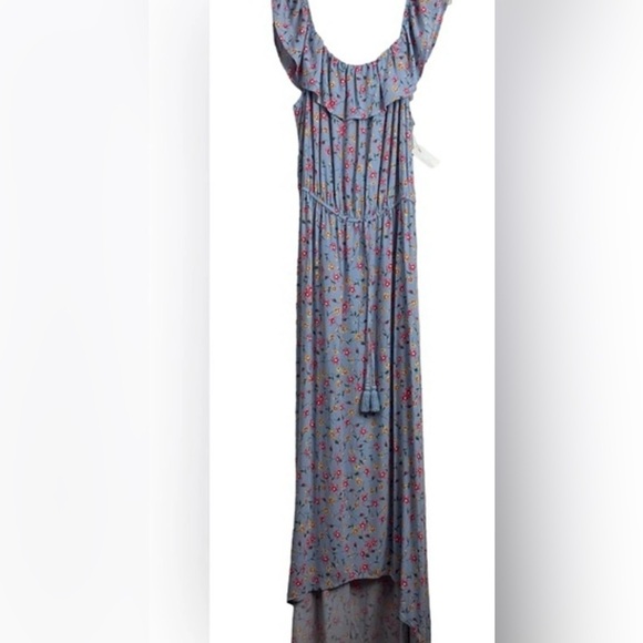 Light Blue Floral Off Shoulder Maxi Dress Ruffle Waist Tie Boho Summer - Picture 3 of 3